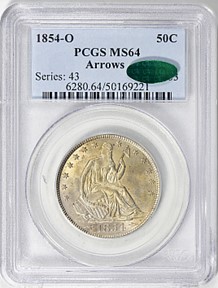 1854-O Half Dollar with Arrows in a PCGS Holder with Green CAC Sticker