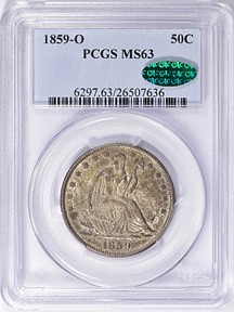 1859-O Half Dollar in PCGS Holder with an MS63 Grade and Green CAC Sticker