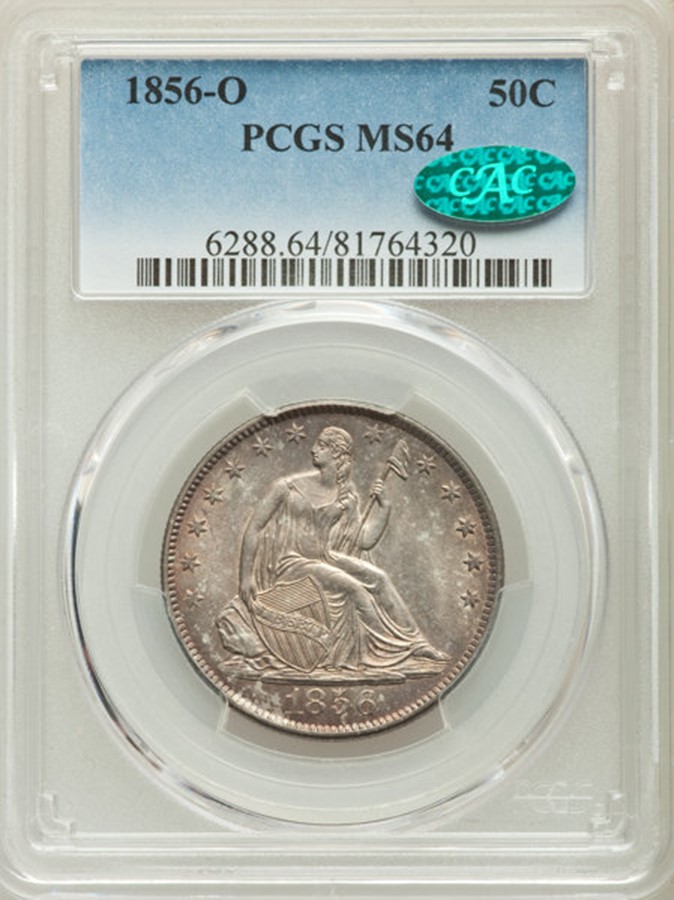 1856-O Half Dollar in PCGS Holder with an MS64 Grade and Green CAC Sticker