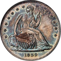 A raw obverse image of an 1839 Liberty Seated Half Dollar