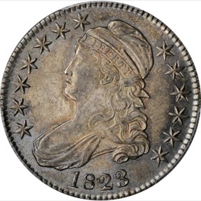 Raw obverse image of an 1823 Capped Bust Half Dollar