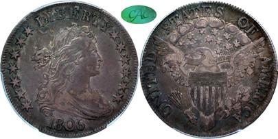 Obverse and Reverse side by side of 1806 Heraldic Eagle, Draped Bust, Half Dollar