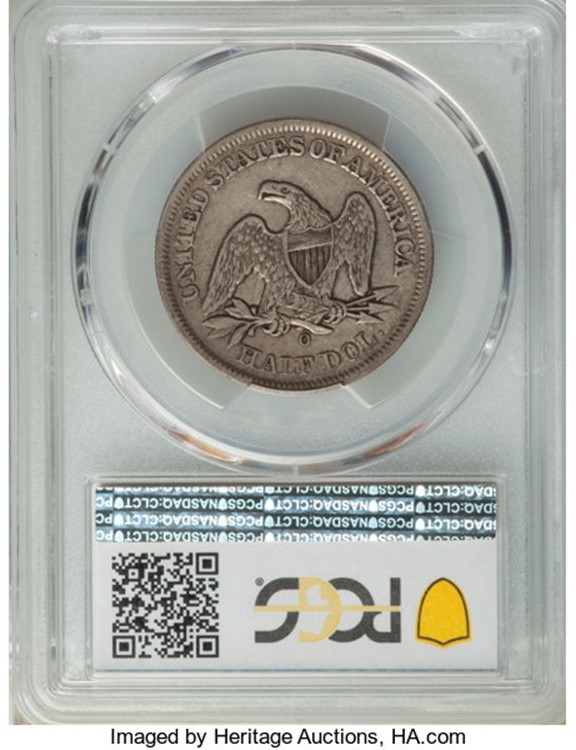 Reverse slab shot of PCGS XF40 graded 1855-O Half Dollar with Green CAC Sticker