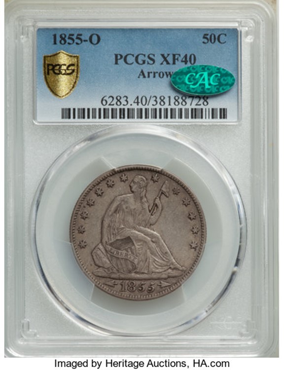 Obverse slab shot of PCGS XF40 graded 1855-O Half Dollar with Green CAC Sticker