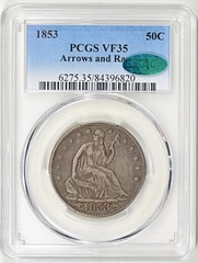 Obverse slab shot of a PCGS VF35 graded 1853 Half Dollar