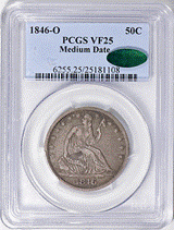 Obverse Slab Shot of a PCGS VF25 graded 1846-O Half Dollar