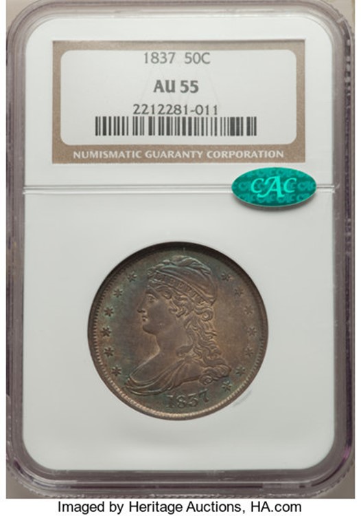 Obverse slab shot of an NGC AU55 graded 1837 Half Dollar