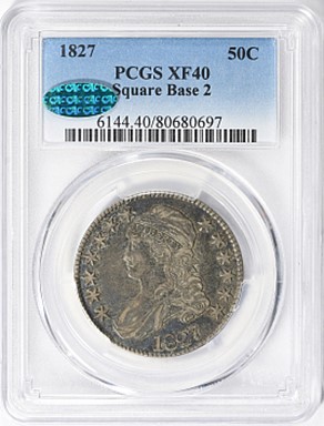 Obverse slab shot photo of a PCGS graded XF40 1827 Half Dollar