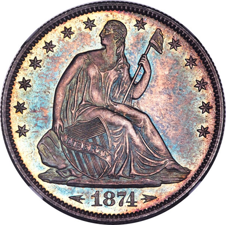 Raw obverse of an 1874 Liberty Seated Half Dollar