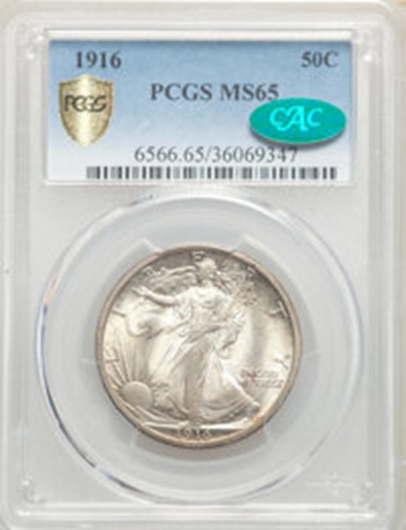 1916 Half Dollar in PCGS Slab with MS65 Grade and Green CAC Sticker