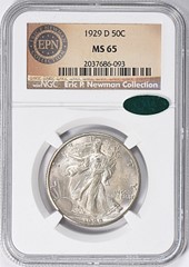 1929-D Half Dollar in NGC slab with MS65 Grade and Green CAC Sticker