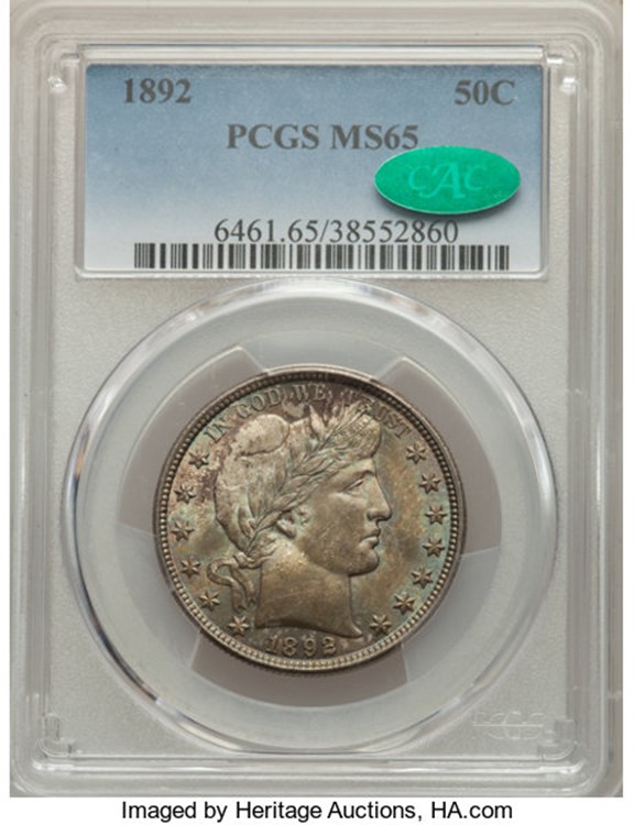 1892 Half Dollar in a PCGS Slab graded an MS65 with a Green CAC Sticker