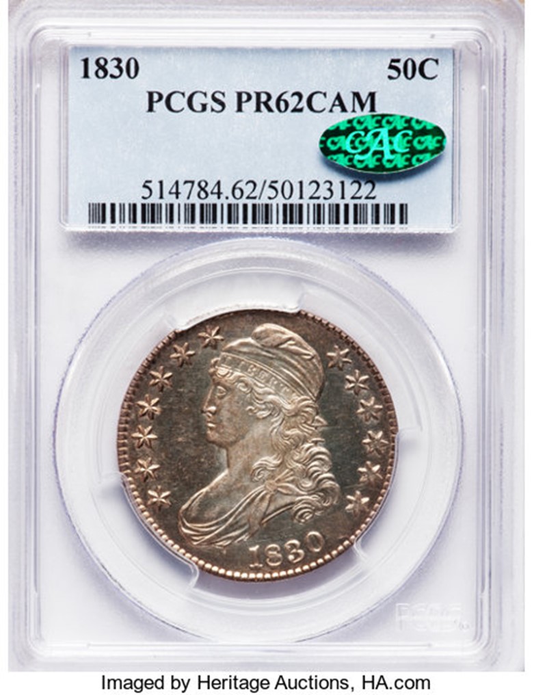 PCGS Slab shot of a Proof 62 Cameo Capped Bust Half Dollar with a Green CAC Sticker