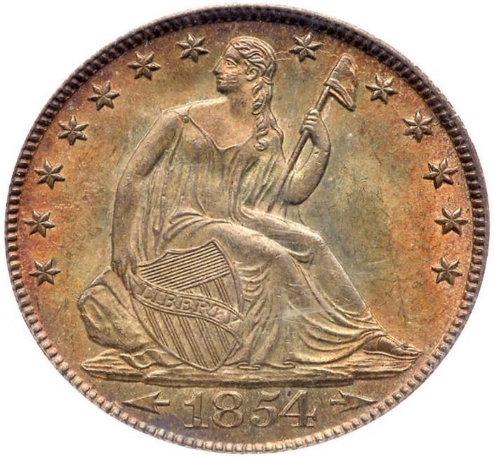 Raw obverse of 1854 Liberty Seated half dollar with arrows