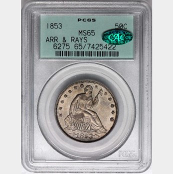 1853 Liberty Seated Half Dollar in old PCGS holder with Green CAC Sticker