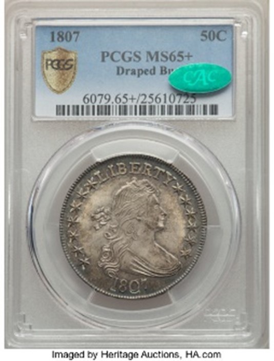 CAC Approved 1807 Draped Bust Half Dollar in PCGS holder with MS65+ Grade