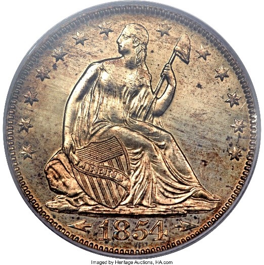 Raw obverse image of an 1854 Liberty Seated Half Dollar with Arrows, No Rays