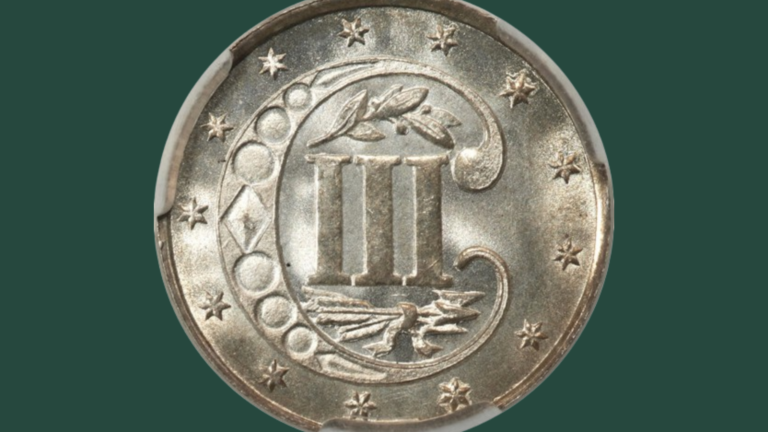 Raw Image of a Three Cent Silver on a Dark Green Background