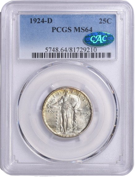 1924-D Standing Liberty Quarter Obverse in PCGS holder with Green CAC Sticker