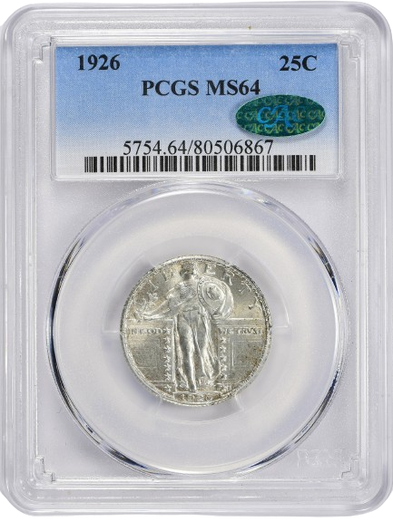 1926 Standing Liberty Quarter obverse in PCGS holder with Green CAC Sticker