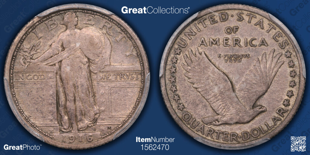 Great Collections Obverse and Reverse Dual Photo of 1916 Standing Liberty Quarter.