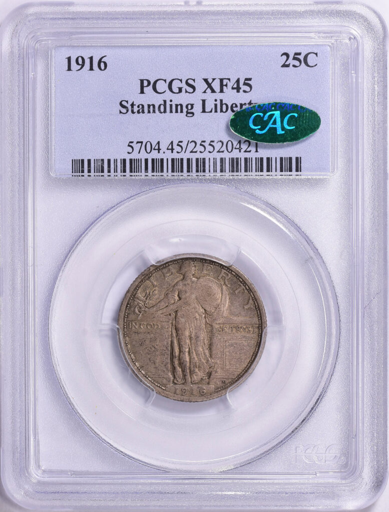 1916 quarter obverse in PCGS Slab with Green CAC Sticker, graded an XF 45.