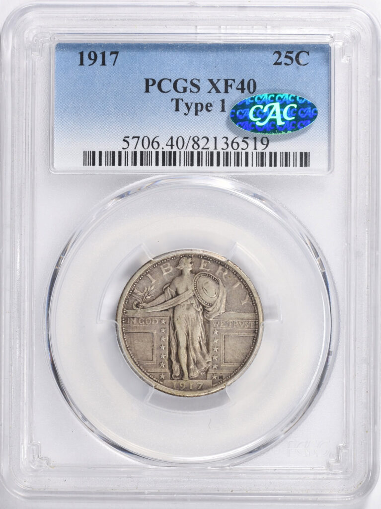 Obverse slab shot of a 1917 Type 1 SLQ graded an XF40 by PCGS with a Green CAC Sticker.