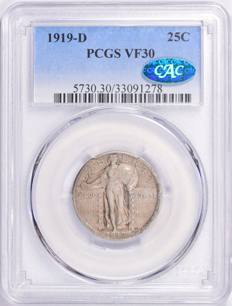 Obverse slab shot of 1919-D VF30 Graded Standing Liberty Quarter with Green CAC Sticker.