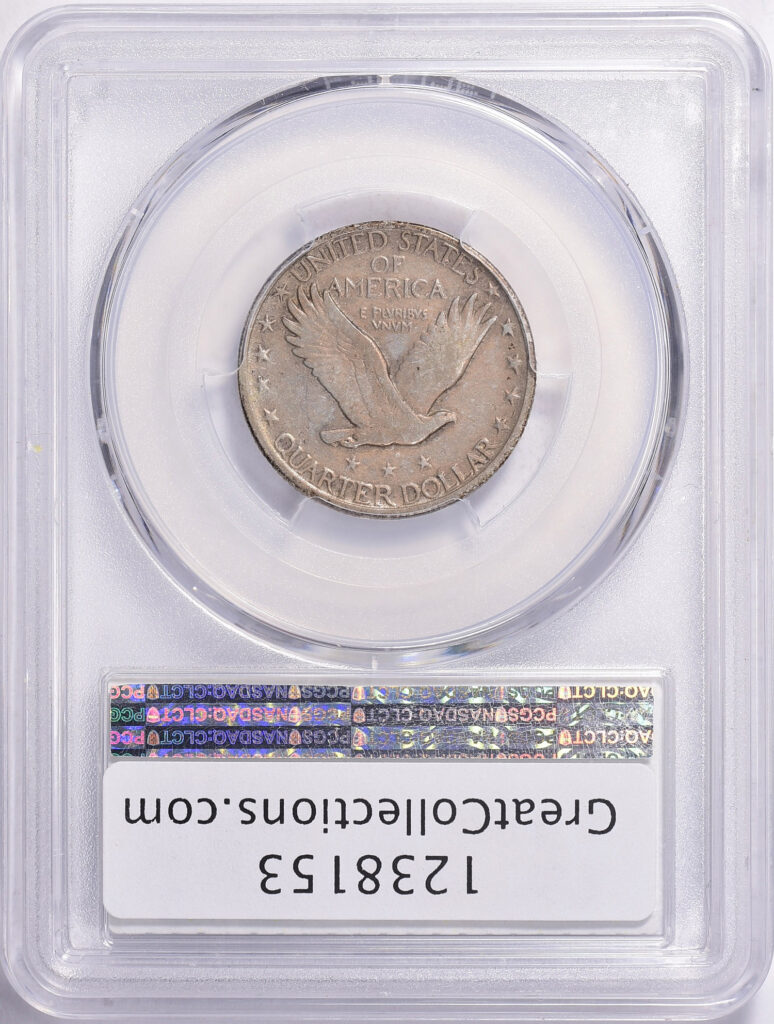 Reverse slab shot of 1919-D VF30 Graded Standing Liberty Quarter with Green CAC Sticker.