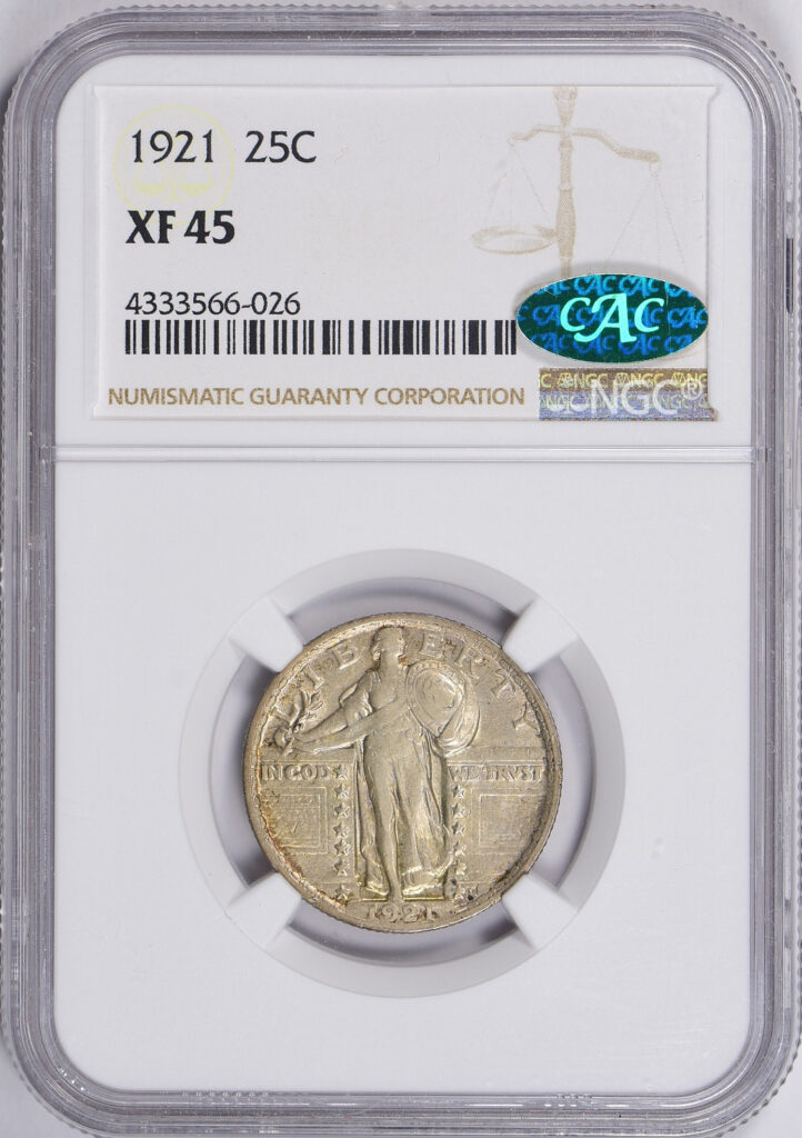 Obverse slab shot of 1921 XF45 Graded SL Quarter with Green CAC Sticker.