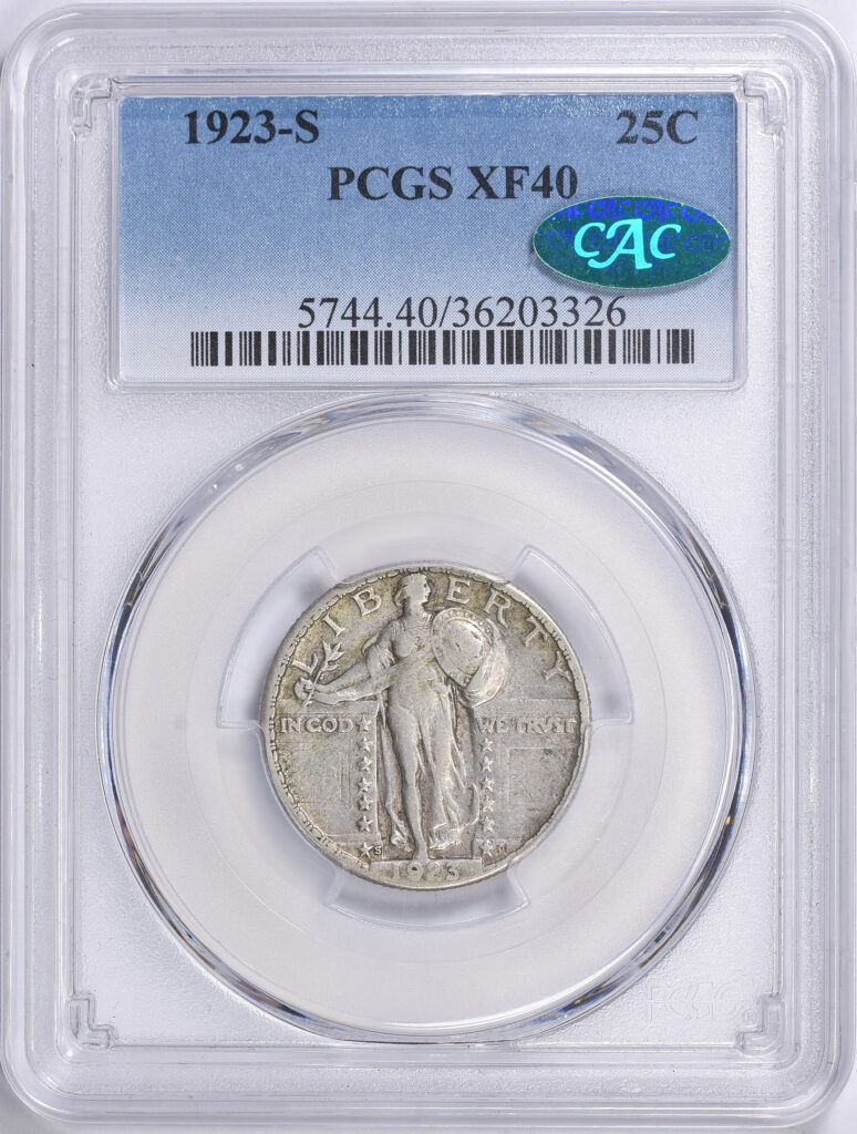 Obverse Slab Shot of 1923-S PCGS XF40 Graded SL Quarter with Green CAC Sticker.