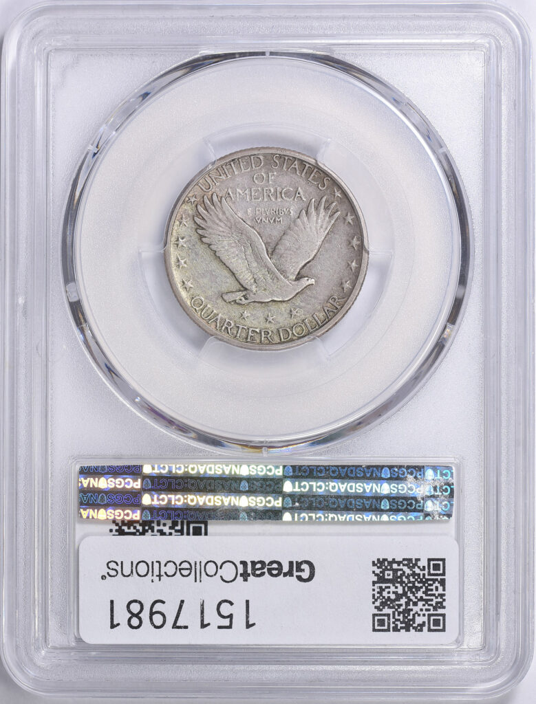 Reverse Slab Shot of 1923-S PCGS XF40 Graded SL Quarter with Green CAC Sticker.