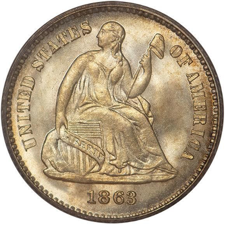 1863 Liberty Seated Half Dime, No stars, Legend Obverse