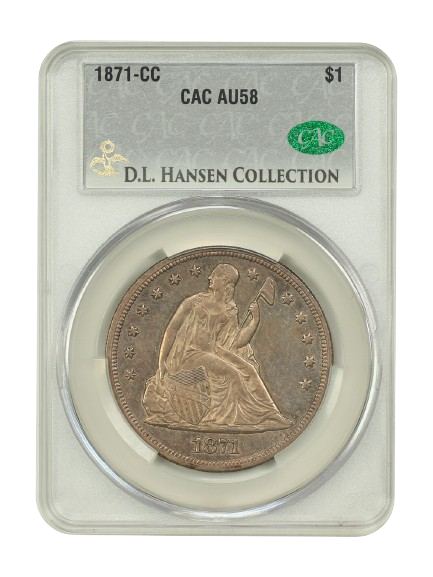 1871 Carson City Silver Liberty Seated Dollar in CACG Holder with AU58 Grade, obverse
