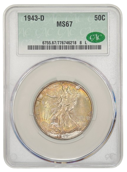 1943-D Walking Liberty Half Dollar Obverse in CACG holder with MS67 Grade