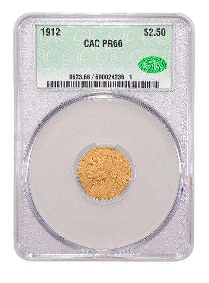 1912 $2.5 Indian Gold in CACG Holder with Proof 66 Grade, Obverse