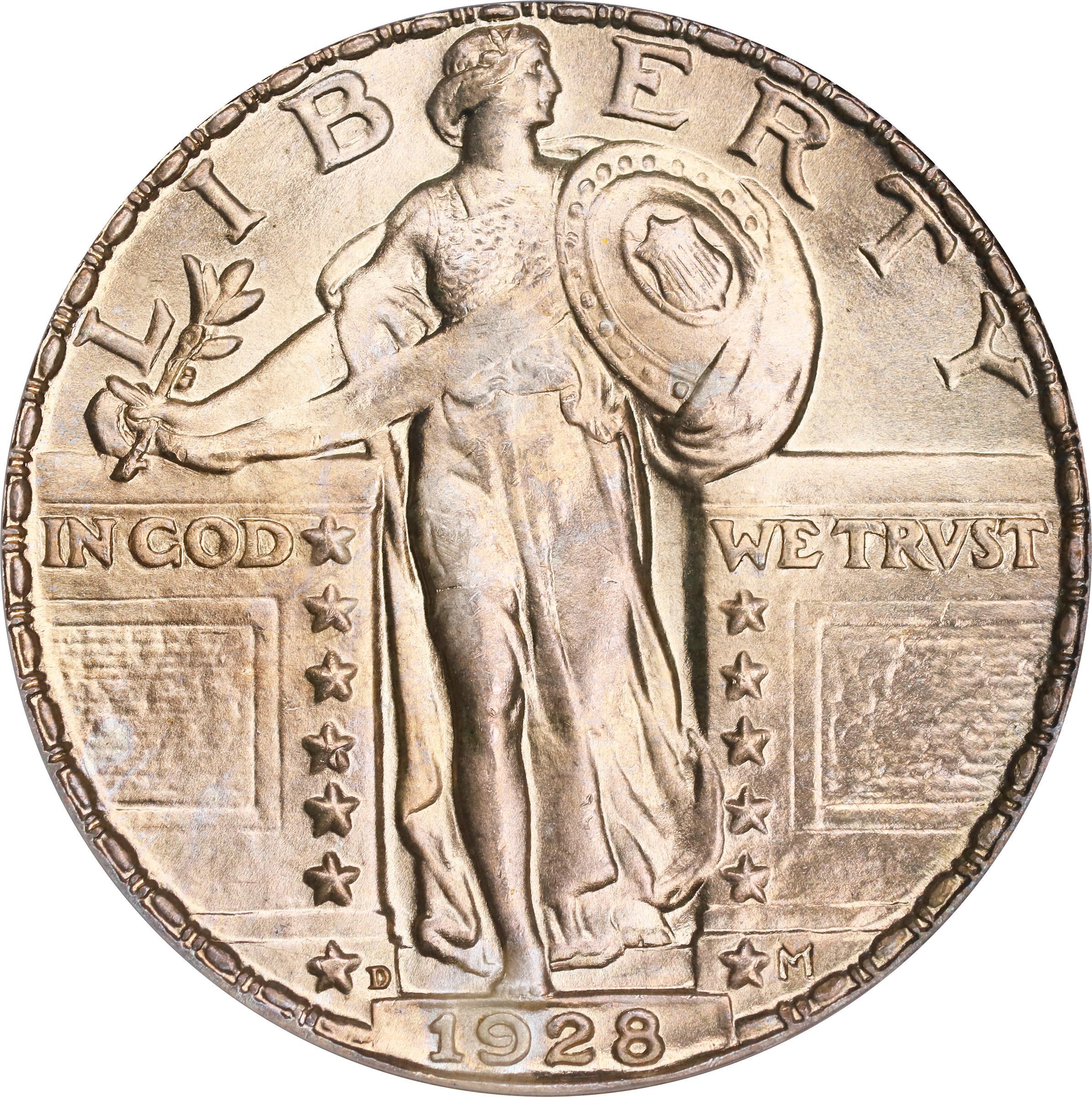 1928-D Standing Liberty Quarter with MS66 Full Head, Raw coin obverse