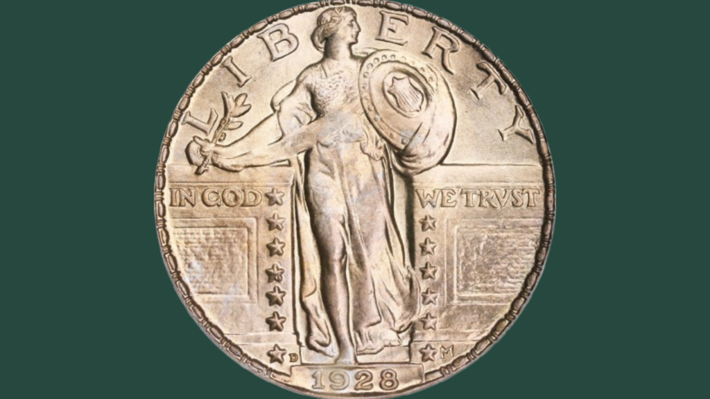 Standing Liberty Quarter minted in 1928 on CAC Green Background.