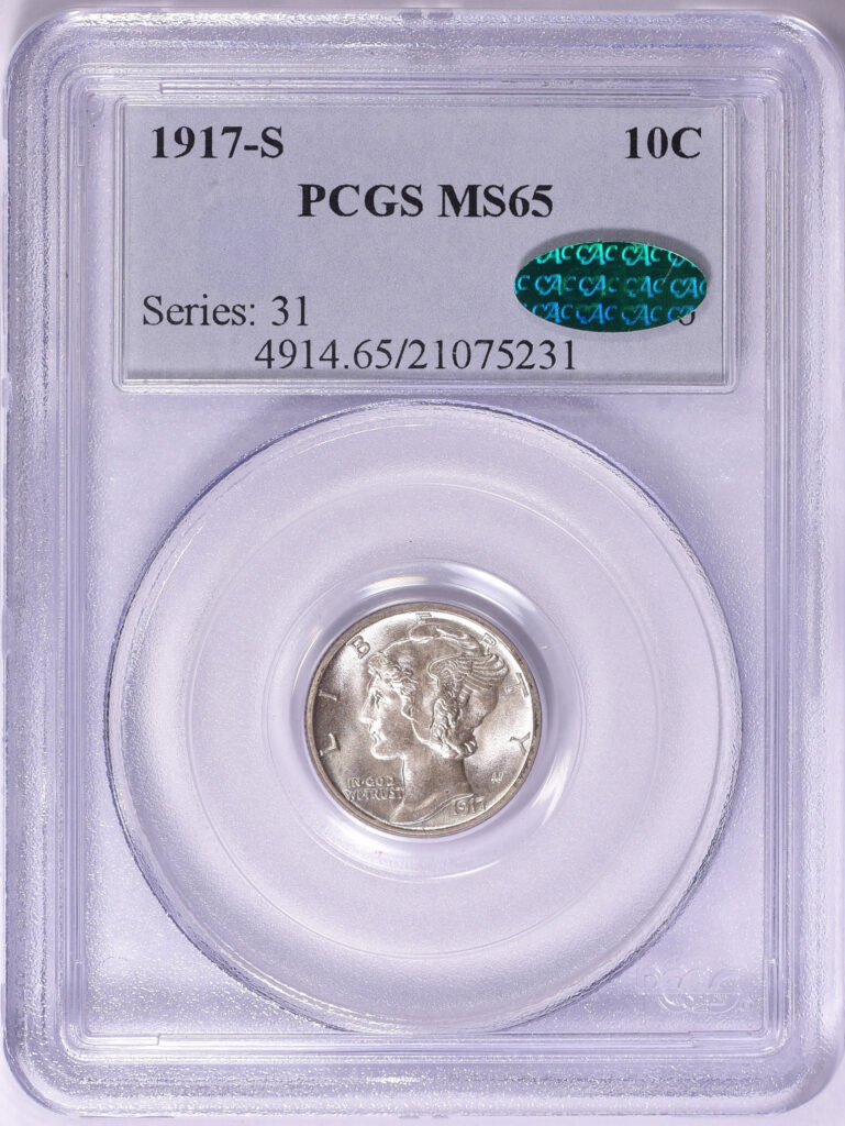 1917-S Mercury Dime obverse in PCGS slab with Green CAC sticker, graded an MS65