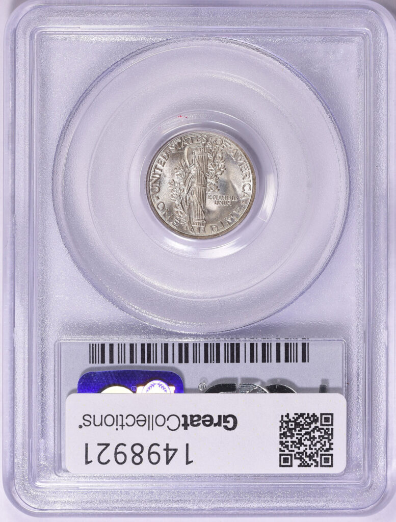 1917-S Mercury Dime reverse in PCGS slab with Green CAC sticker, graded an MS65