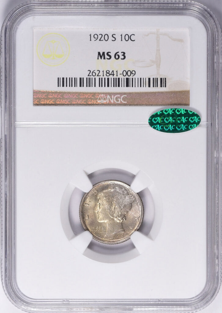 Obverse NGC slab shot of 1920-S Mercury Dime with MS63 grade and Green CAC Sticker.