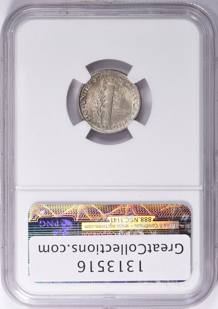 Reverse NGC slab shot of 1920-S Mercury Dime with MS63 grade and Green CAC Sticker.