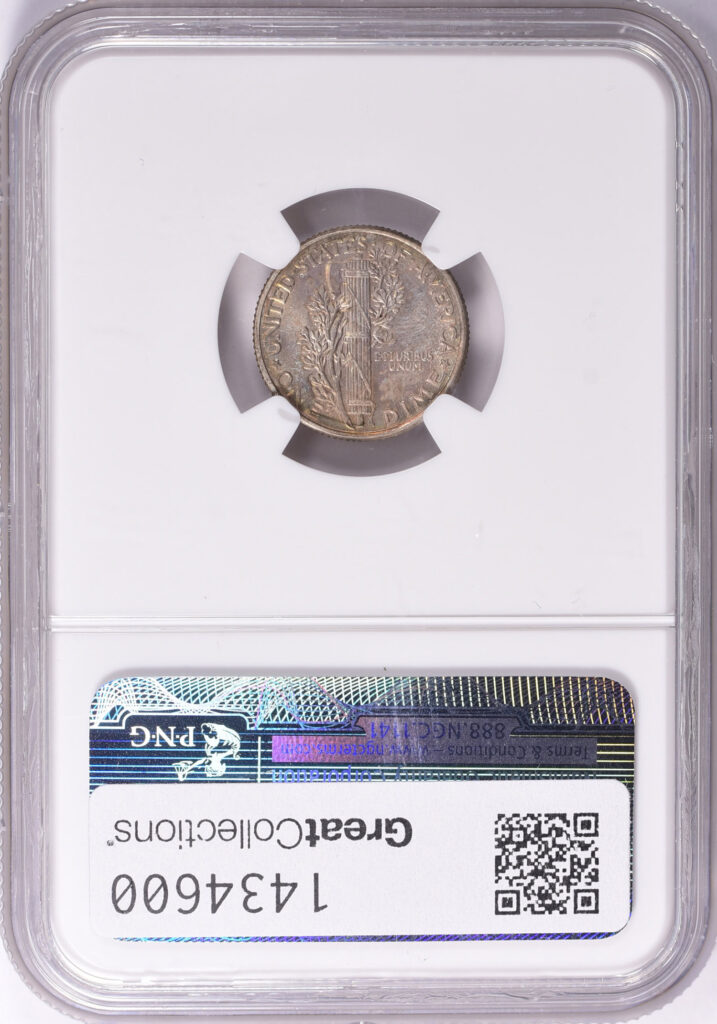 Reverse NGC slab shot of 1926 Mercury Dime with MS63 grade and Green CAC Sticker from the Eric Newman Collection.