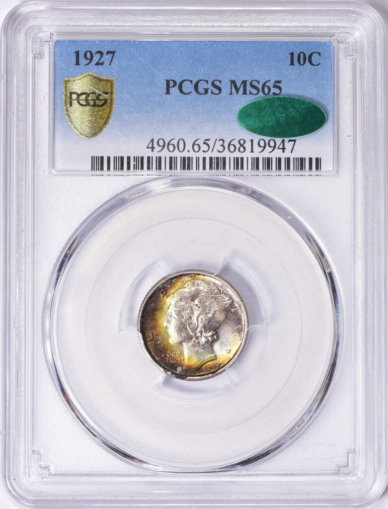 Obverse PCGS slab shot of 1927 Mercury Dime with MS65 grade and Green CAC Sticker.