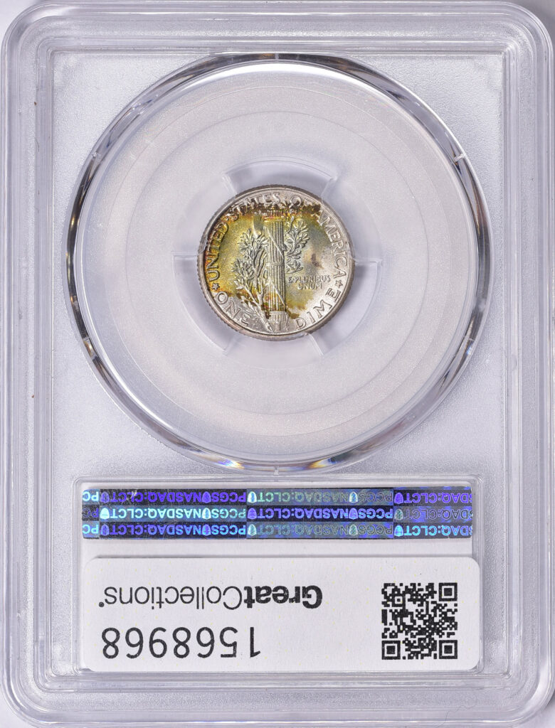 Reverse PCGS slab shot of 1927 Mercury Dime with MS65 grade and Green CAC Sticker.