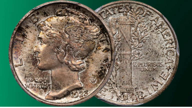 1923 Mercury Dime Obverse overlaying on Reverse over a gradient green background.