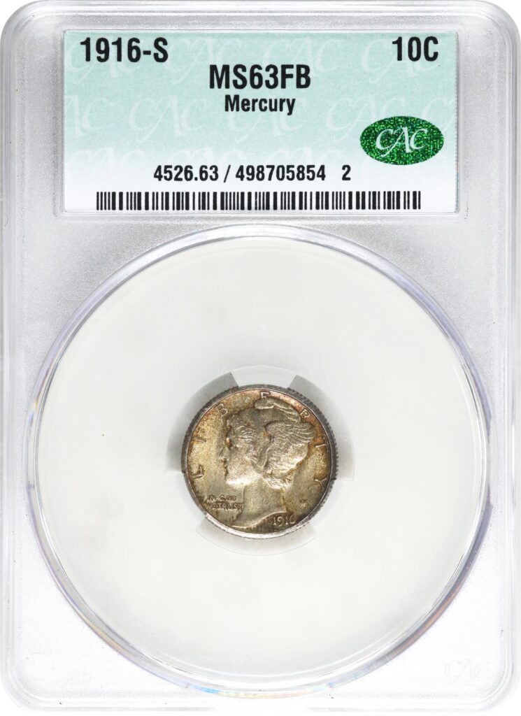 1916-S Mercury Dime obverse in CACG holder.