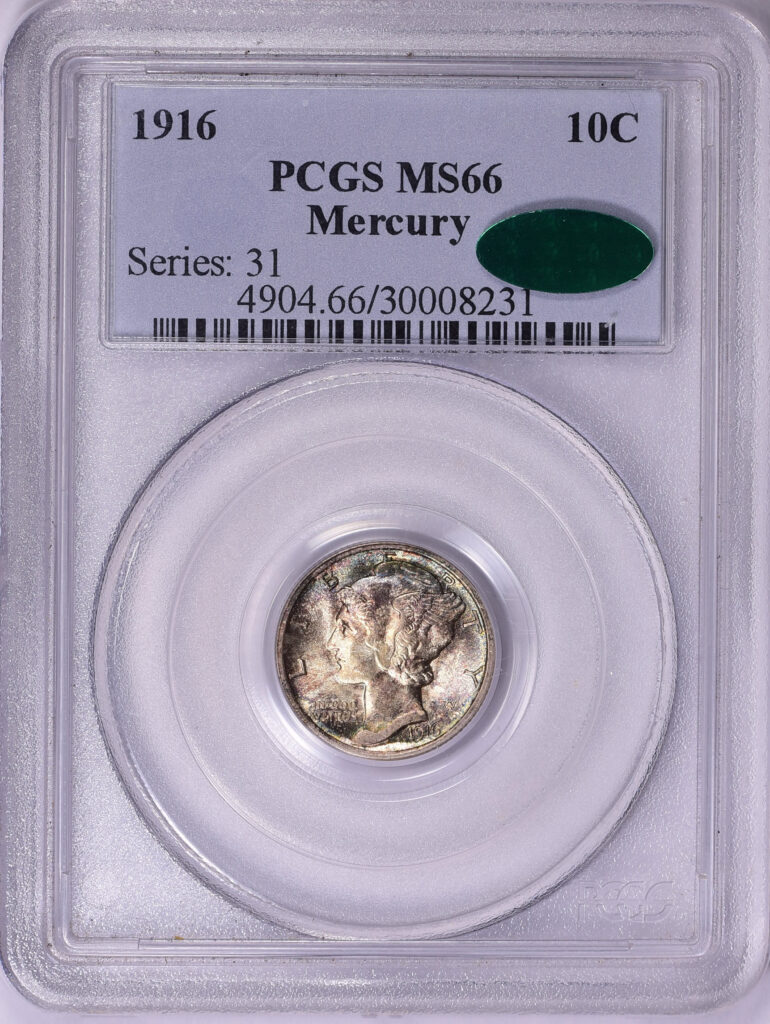 1916 Mercury Dime Obverse in PCGS slab with CAC Sticker, graded an MS66