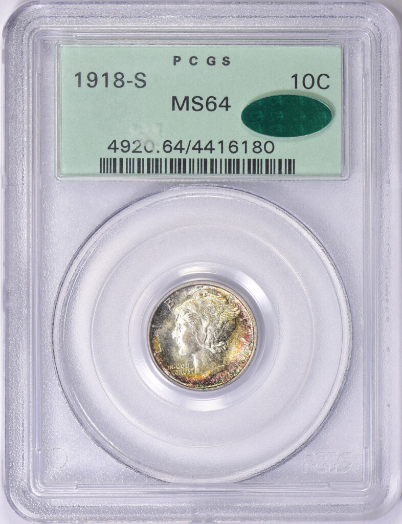 1918 Mercury Dime obverse in PCGS slab with Green CAC sticker, graded an MS64