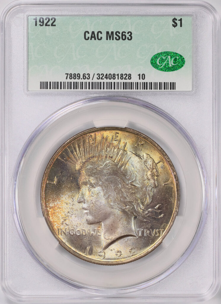 Obverse CAC slab shot of 1922 Morgan Dollar with MS63 grade.